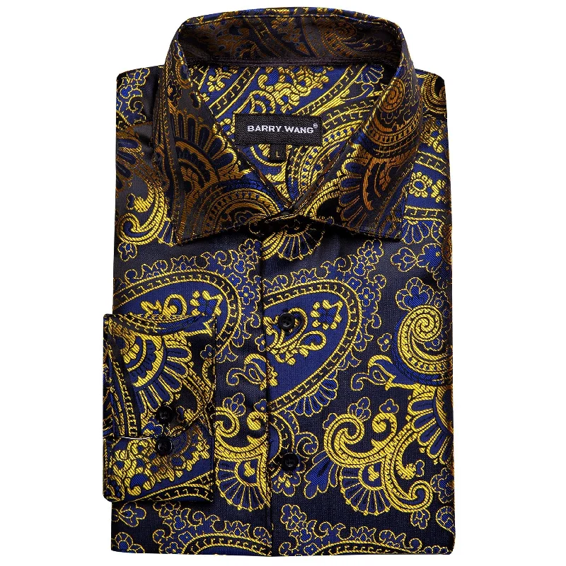 Simon.Von Gold Blue Black Paisley Pattern Silk Men's Formal Shirt- CY-0444