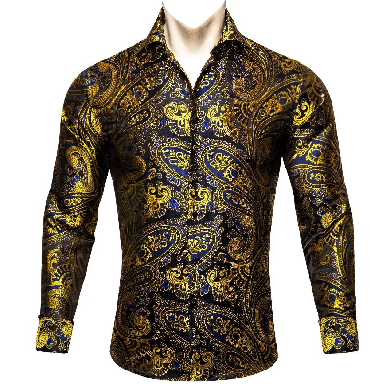 Simon.Von Gold Blue Black Paisley Pattern Silk Men's Formal Shirt- CY-0444