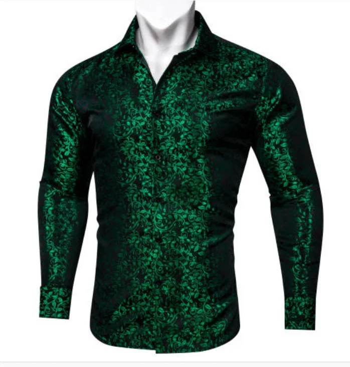 Simon Von Green Black Floral Silk Shirt- CY-0649