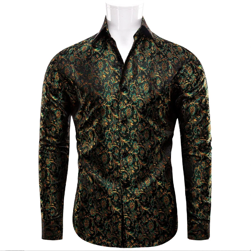 SIMON.VON GREEN GOLD FLORAL SILK MEN'S SHIRT- CY-9009