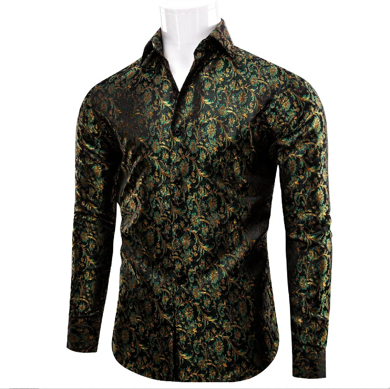 SIMON.VON GREEN GOLD FLORAL SILK MEN'S SHIRT- CY-9009