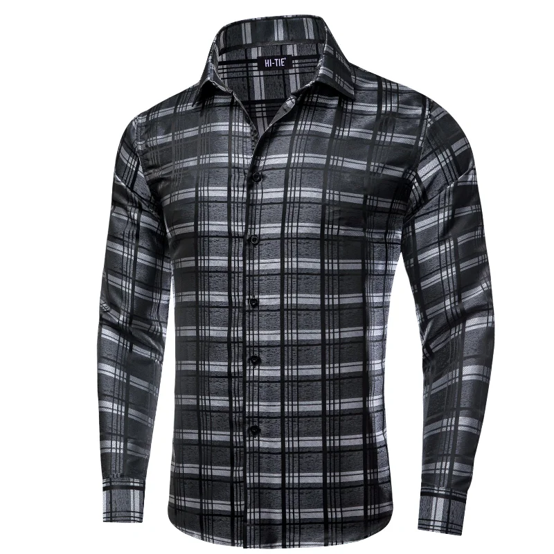 Simon Von Grey Black Checkered Plaid Men's Button Up Dress Shirt-CY-1999