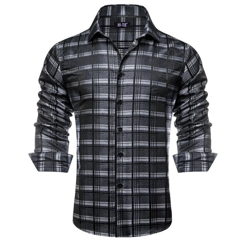 Simon Von Grey Black Checkered Plaid Men's Button Up Dress Shirt-CY-1999