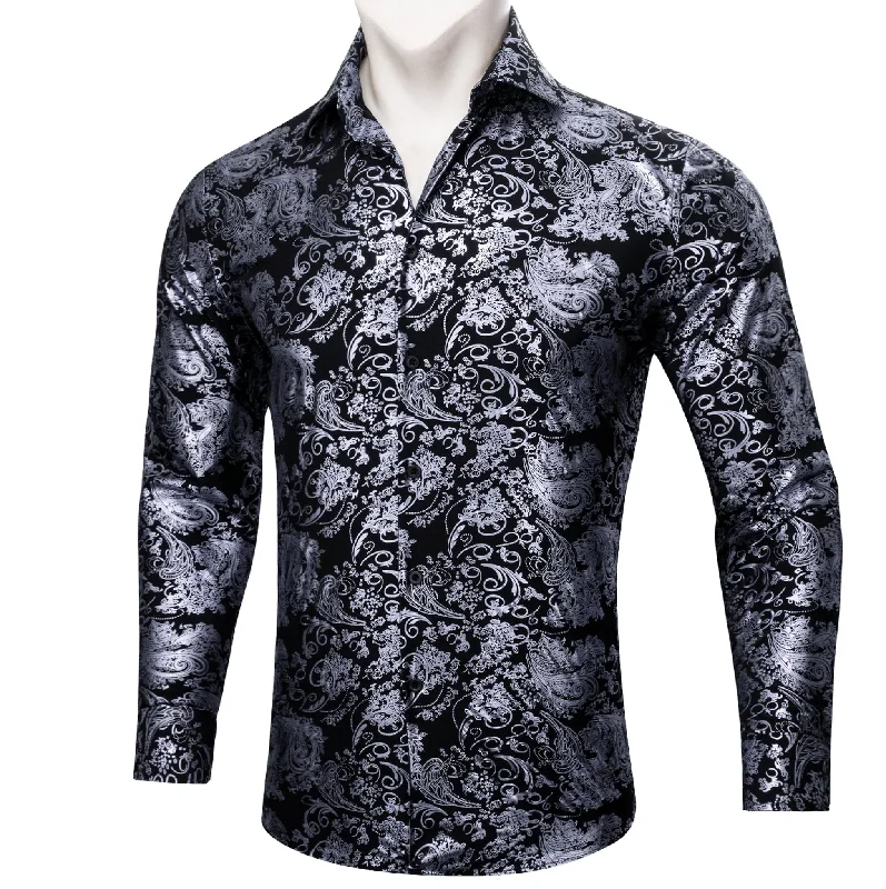 Simon.Von  Grey Black Paisley Silk Men's Shirt- CY-0593