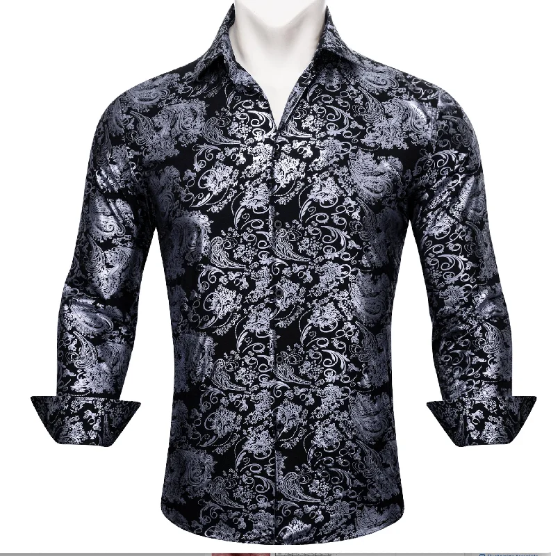 Simon.Von  Grey Black Paisley Silk Men's Shirt- CY-0593