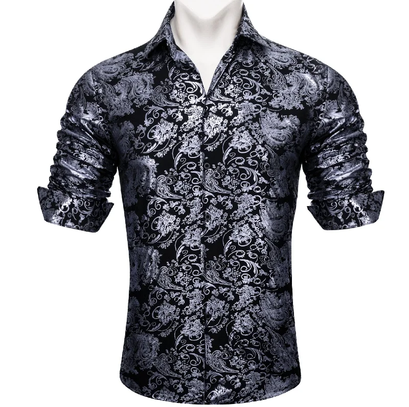 Simon.Von  Grey Black Paisley Silk Men's Shirt- CY-0593