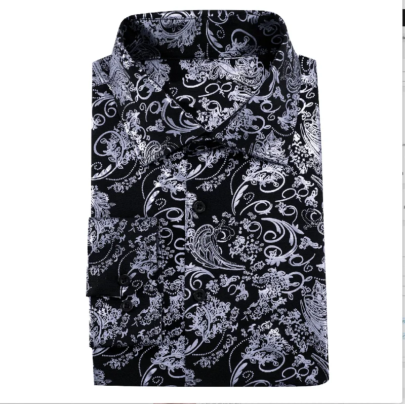 Simon.Von  Grey Black Paisley Silk Men's Shirt- CY-0593