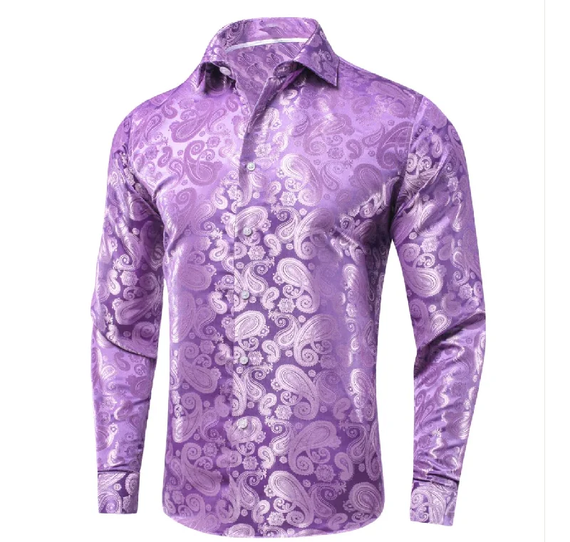 Simon Von Lilac Purple Paisley Silk Men's Long Sleeve Shirt -CY-1621