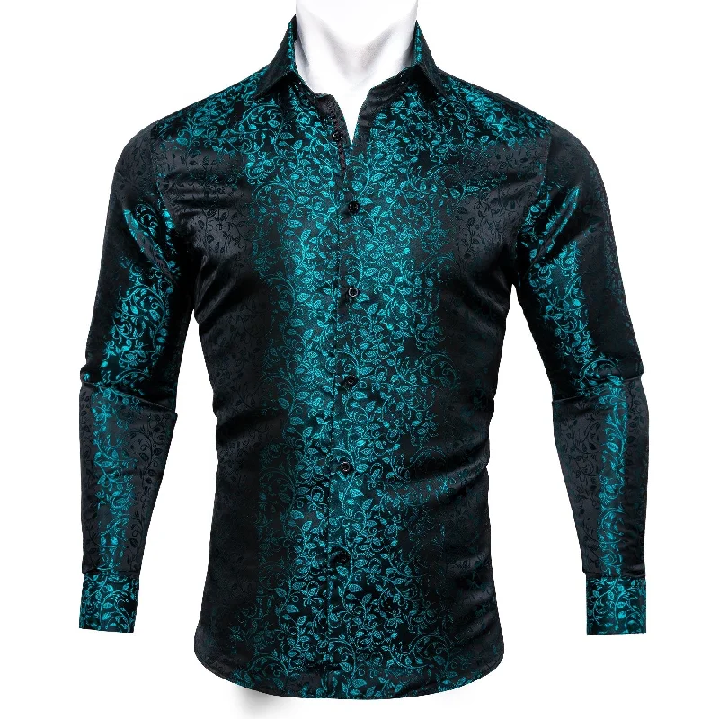 Simon Von Long Sleeve Shirt Dark Green Jacquard Floral Silk Shirt for Men-CY-0659