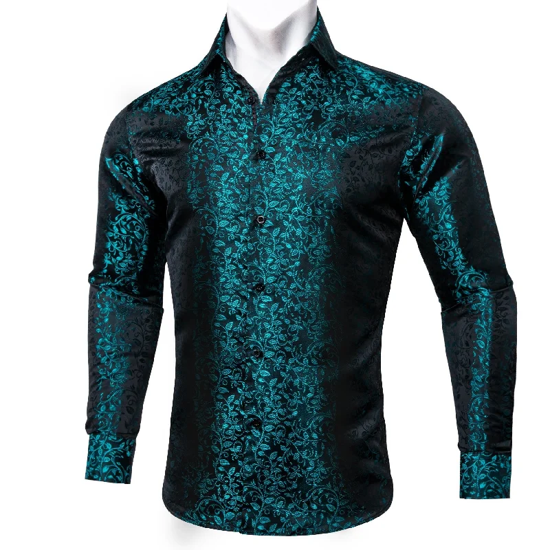 Simon Von Long Sleeve Shirt Dark Green Jacquard Floral Silk Shirt for Men-CY-0659