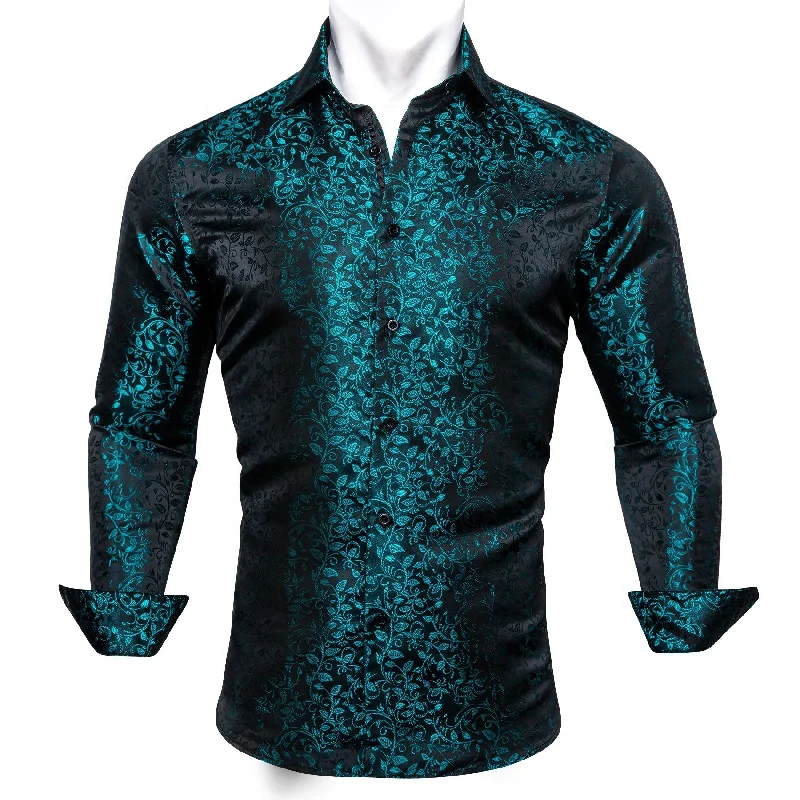 Simon Von Long Sleeve Shirt Dark Green Jacquard Floral Silk Shirt for Men-CY-0659