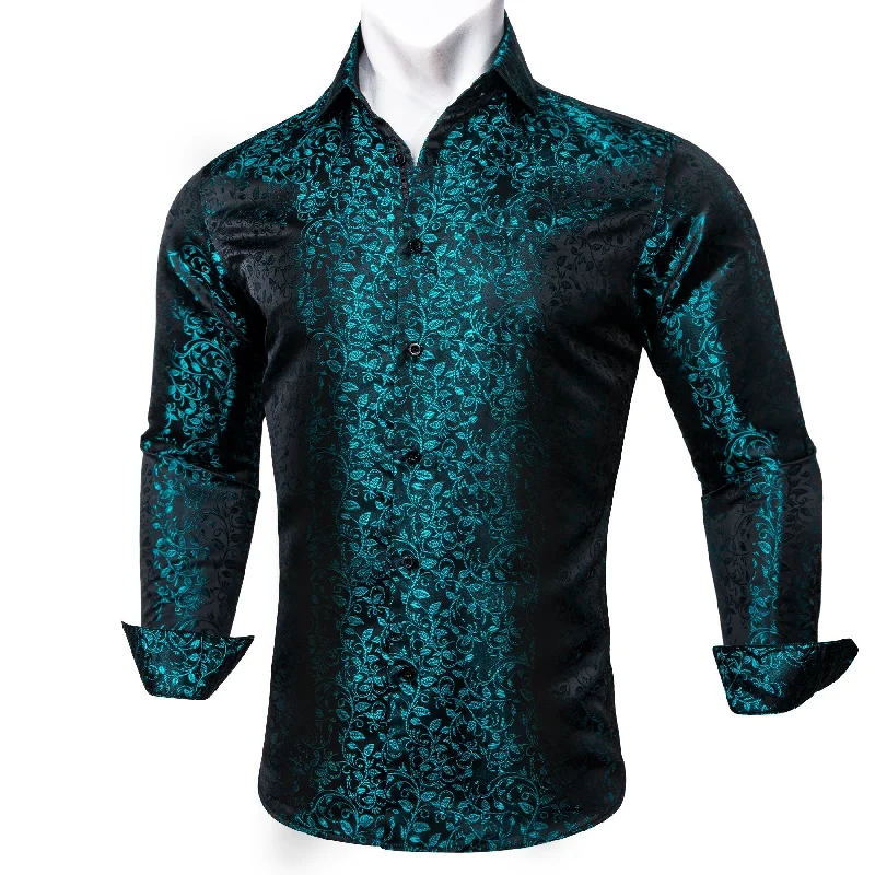 Simon Von Long Sleeve Shirt Dark Green Jacquard Floral Silk Shirt for Men-CY-0659