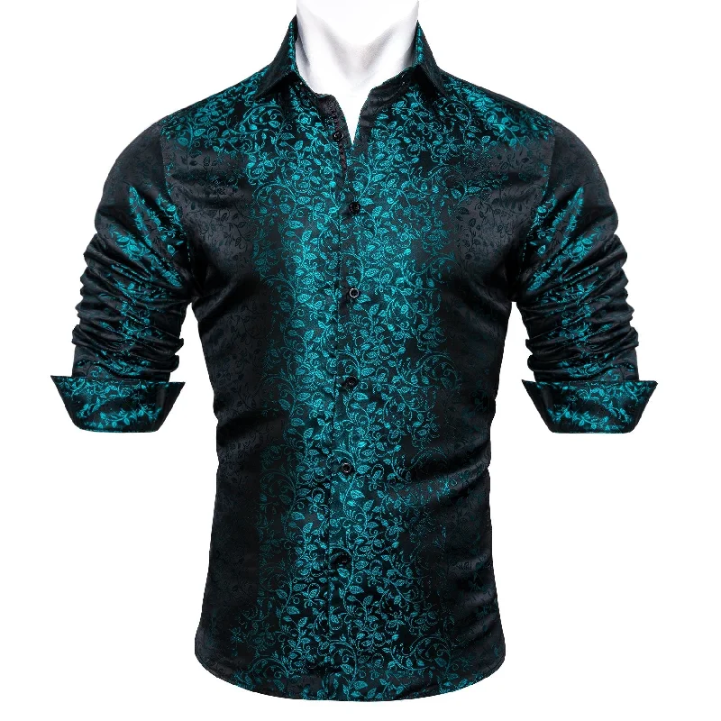 Simon Von Long Sleeve Shirt Dark Green Jacquard Floral Silk Shirt for Men-CY-0659