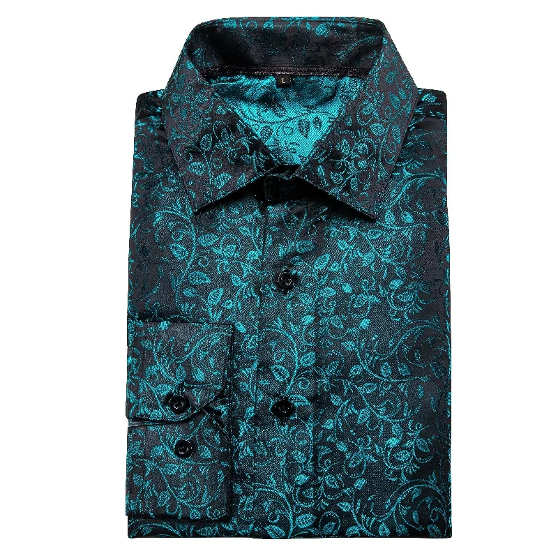 Simon Von Long Sleeve Shirt Dark Green Jacquard Floral Silk Shirt for Men-CY-0659