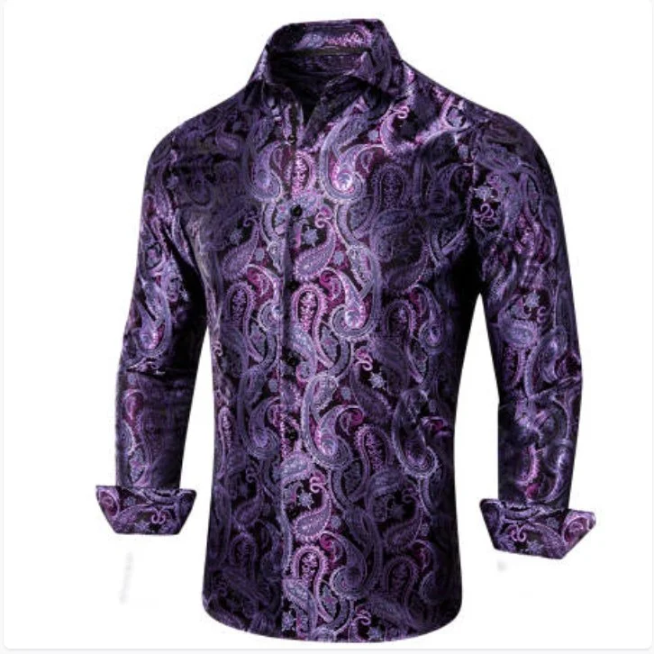 Simon Von Classic Purple Black Paisley Silk Men's Shirt-CY-1039