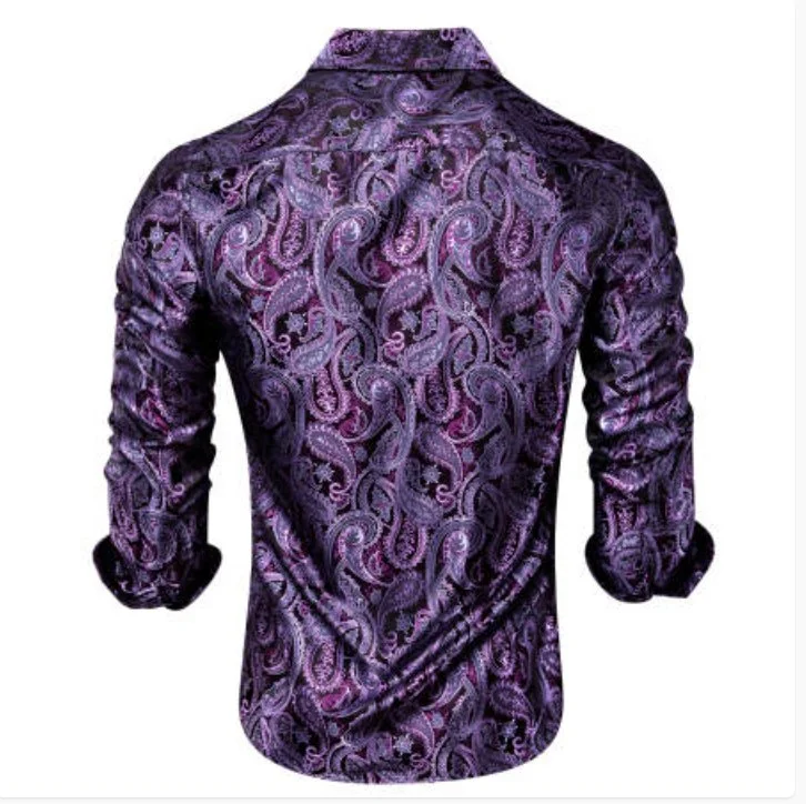 Simon Von Classic Purple Black Paisley Silk Men's Shirt-CY-1039