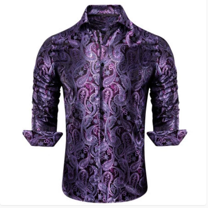 Simon Von Classic Purple Black Paisley Silk Men's Shirt-CY-1039