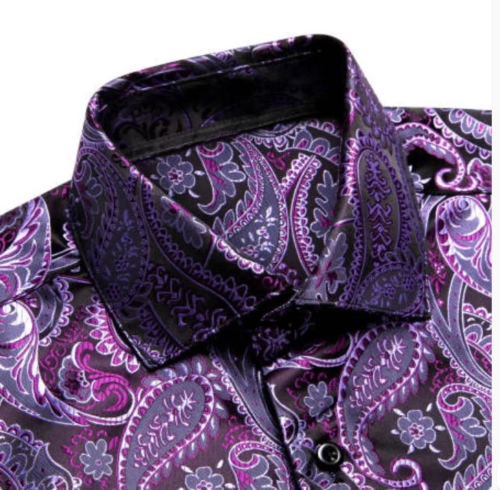 Simon Von Classic Purple Black Paisley Silk Men's Shirt-CY-1039