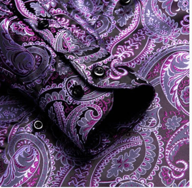 Simon Von Classic Purple Black Paisley Silk Men's Shirt-CY-1039