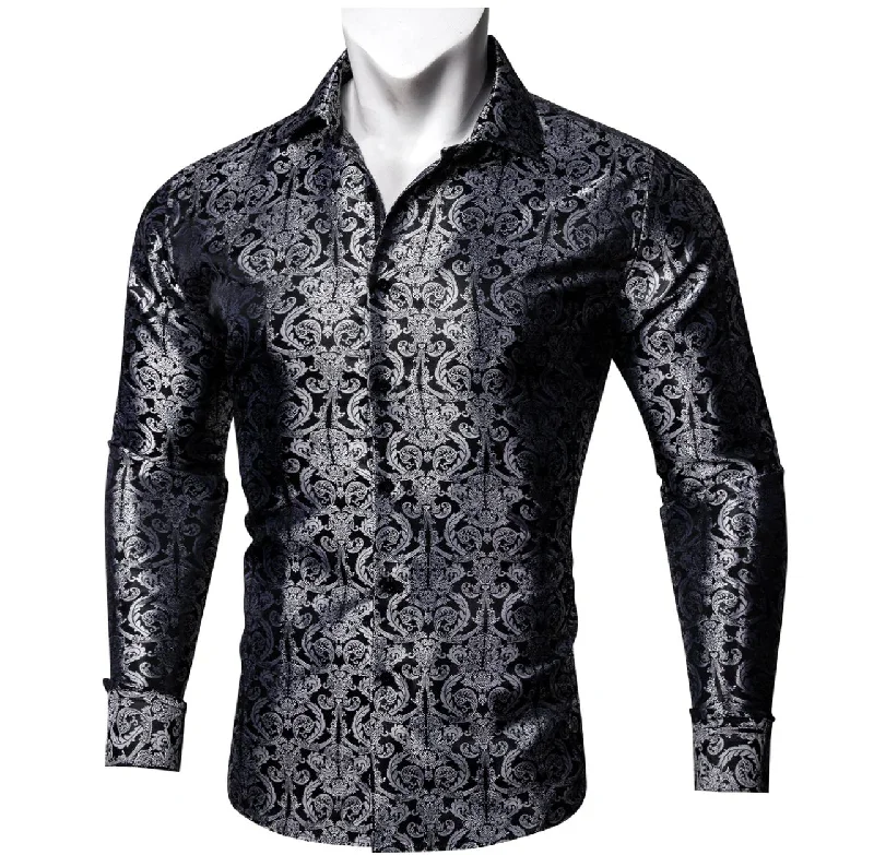 Simon. Von Luxury Grey Black Paisley Silk Shirt-CY-2037