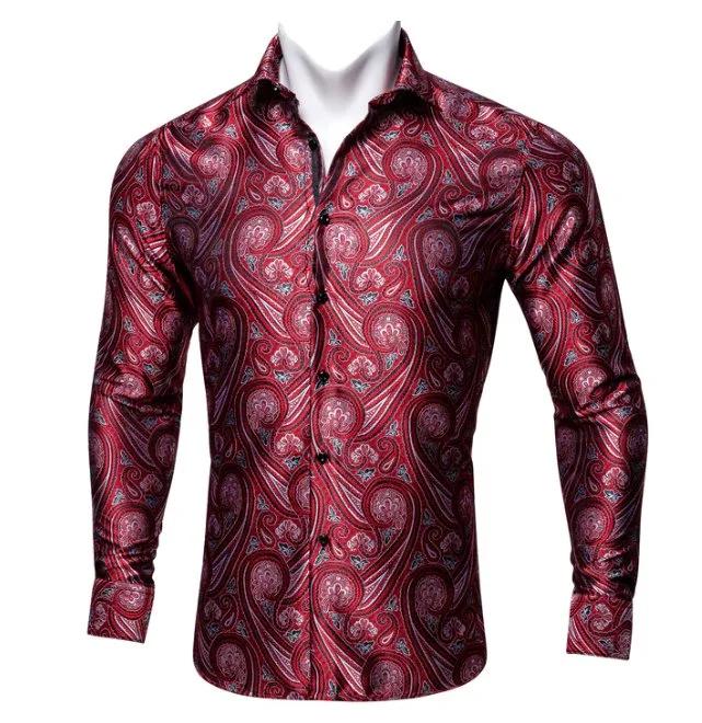 Simon Von New Fashionable Red Paisley Silk  Men's Shirt -CY-0034