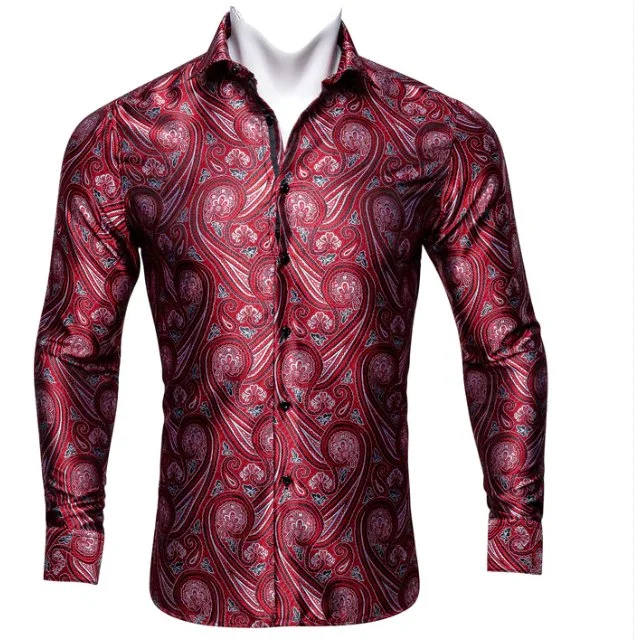 Simon Von New Fashionable Red Paisley Silk  Men's Shirt -CY-0034