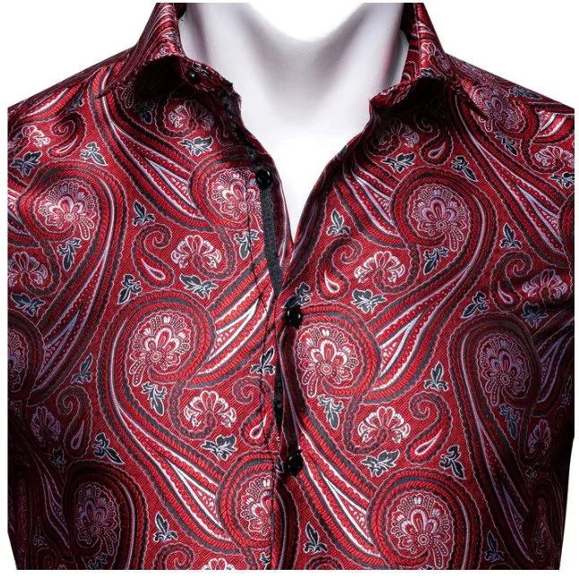 Simon Von New Fashionable Red Paisley Silk  Men's Shirt -CY-0034