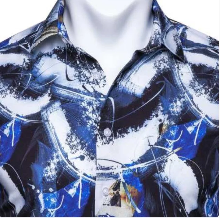 Simon Von New Novelty  Blue White Short Sleeve Men's Shirt- CY-0202