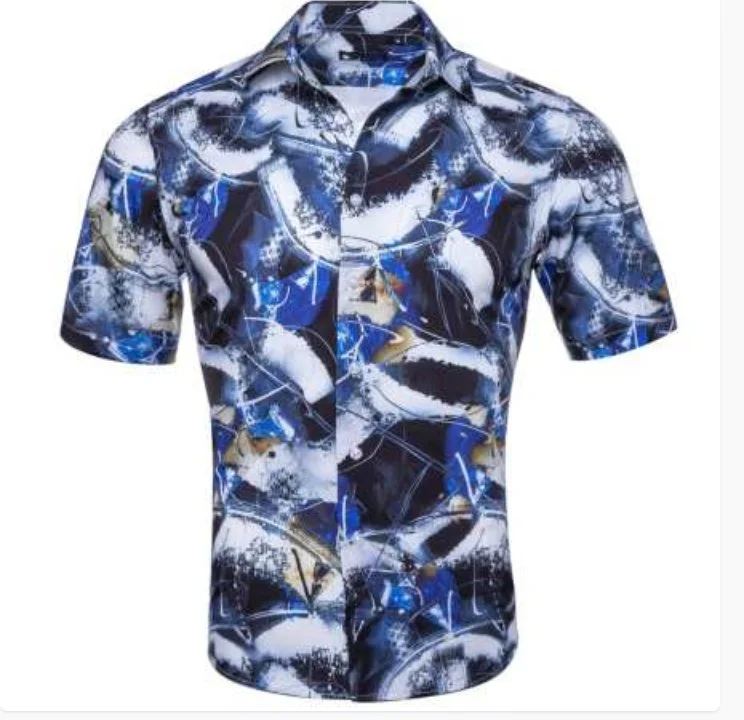 Simon Von New Novelty  Blue White Short Sleeve Men's Shirt- CY-0202