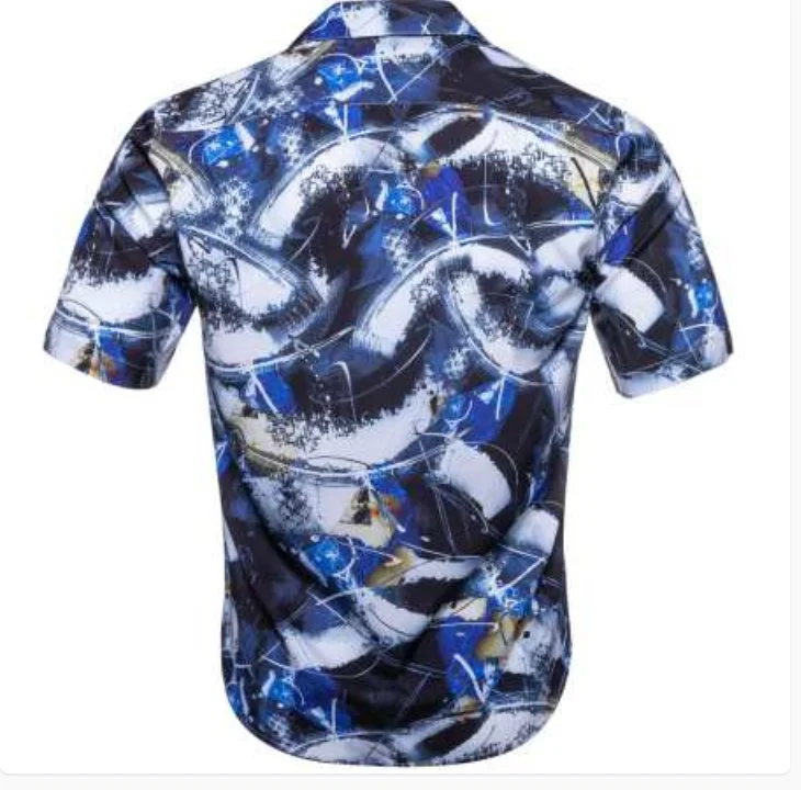 Simon Von New Novelty  Blue White Short Sleeve Men's Shirt- CY-0202