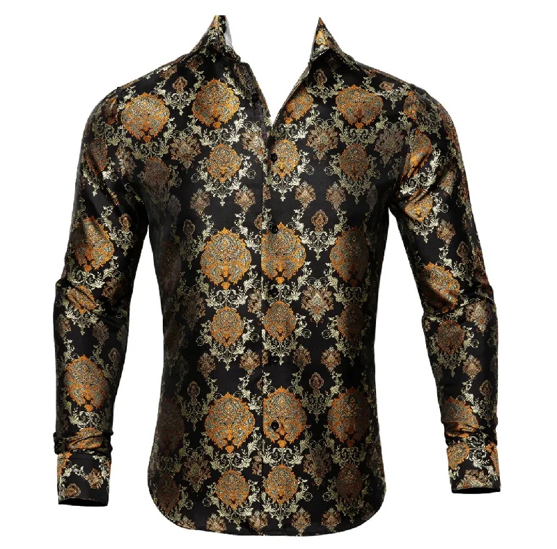 Simon Von Novelty Black Orange Copper Silk Floral Shirt - CY-0020