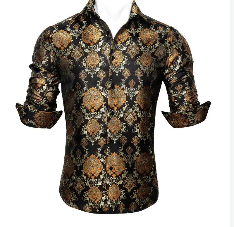 Simon Von Novelty Black Orange Copper Silk Floral Shirt - CY-0020