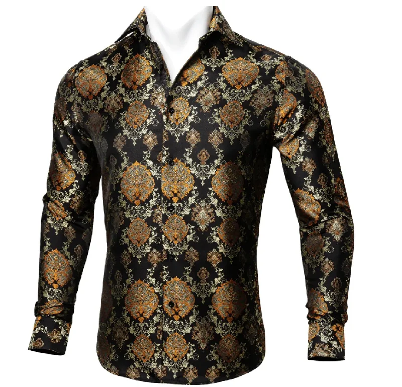 Simon Von Novelty Black Orange Copper Silk Floral Shirt - CY-0020