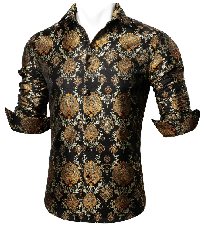 Simon Von Novelty Black Orange Copper Silk Floral Shirt - CY-0020