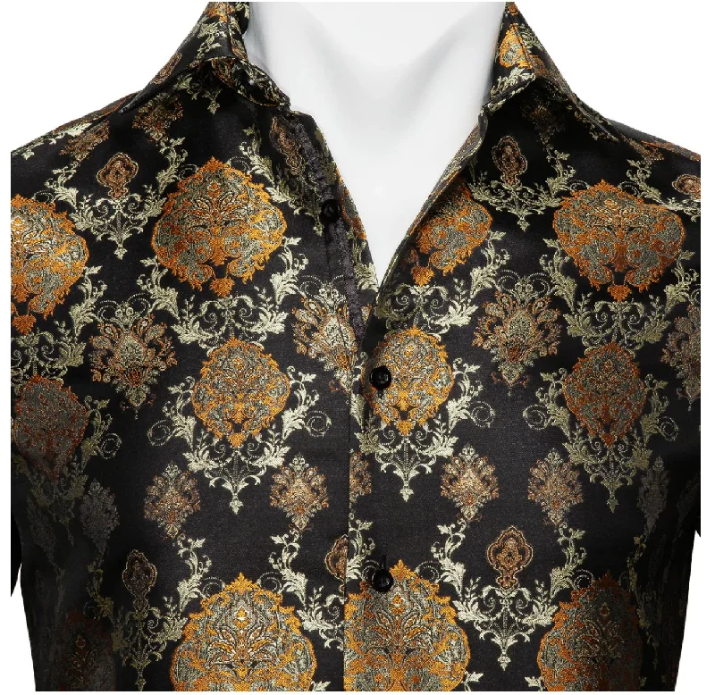 Simon Von Novelty Black Orange Copper Silk Floral Shirt - CY-0020