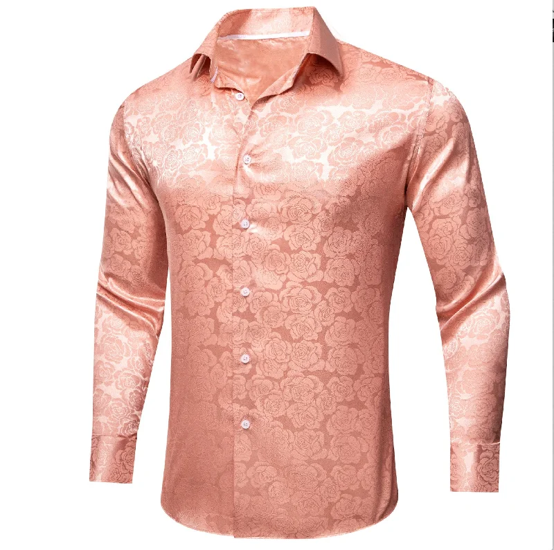 Simon.Von Pale Orange Print Flower Silk Men's Shirt-CY-0675