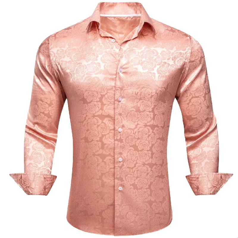 Simon.Von Pale Orange Print Flower Silk Men's Shirt-CY-0675