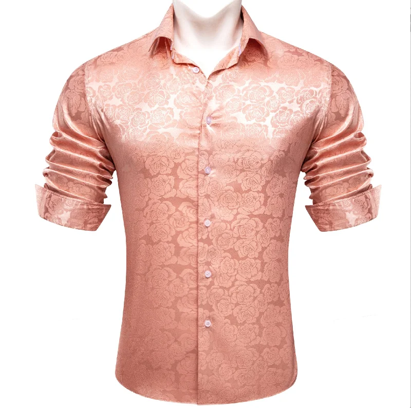 Simon.Von Pale Orange Print Flower Silk Men's Shirt-CY-0675