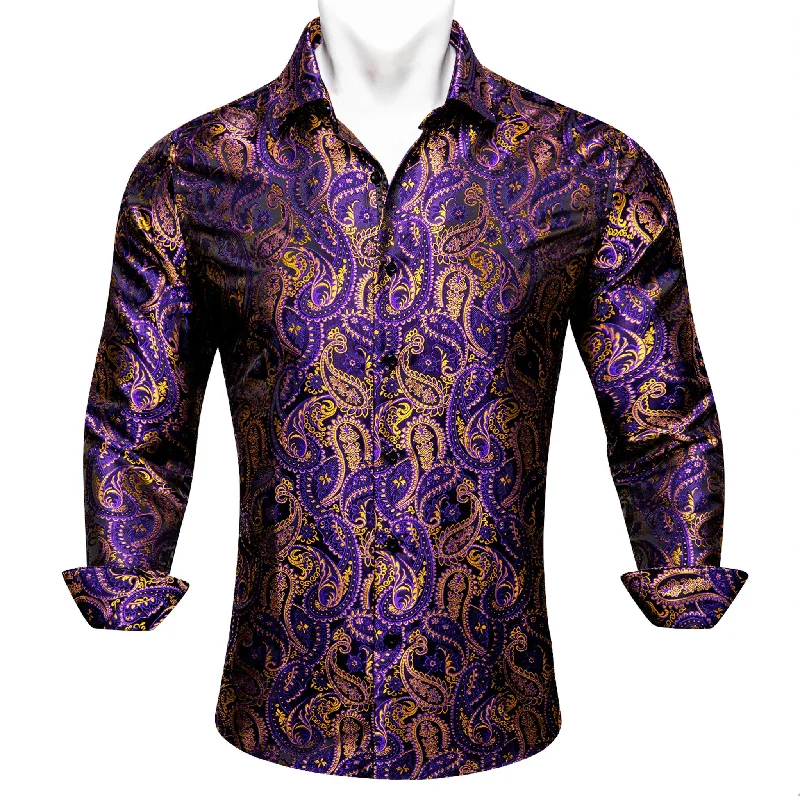 Simon.Von Purple Gold Paisley Silk Men's Shirt- CY-0458