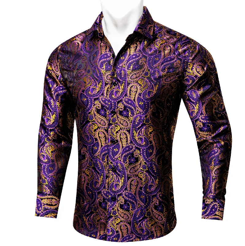 Simon.Von Purple Gold Paisley Silk Men's Shirt- CY-0458