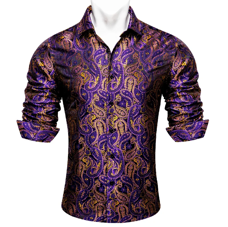 Simon.Von Purple Gold Paisley Silk Men's Shirt- CY-0458