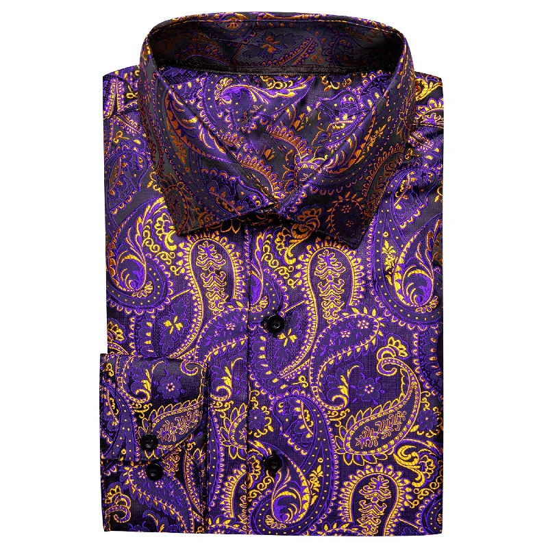 Simon.Von Purple Gold Paisley Silk Men's Shirt- CY-0458