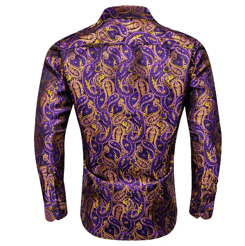 Simon.Von Purple Gold Paisley Silk Men's Shirt- CY-0458