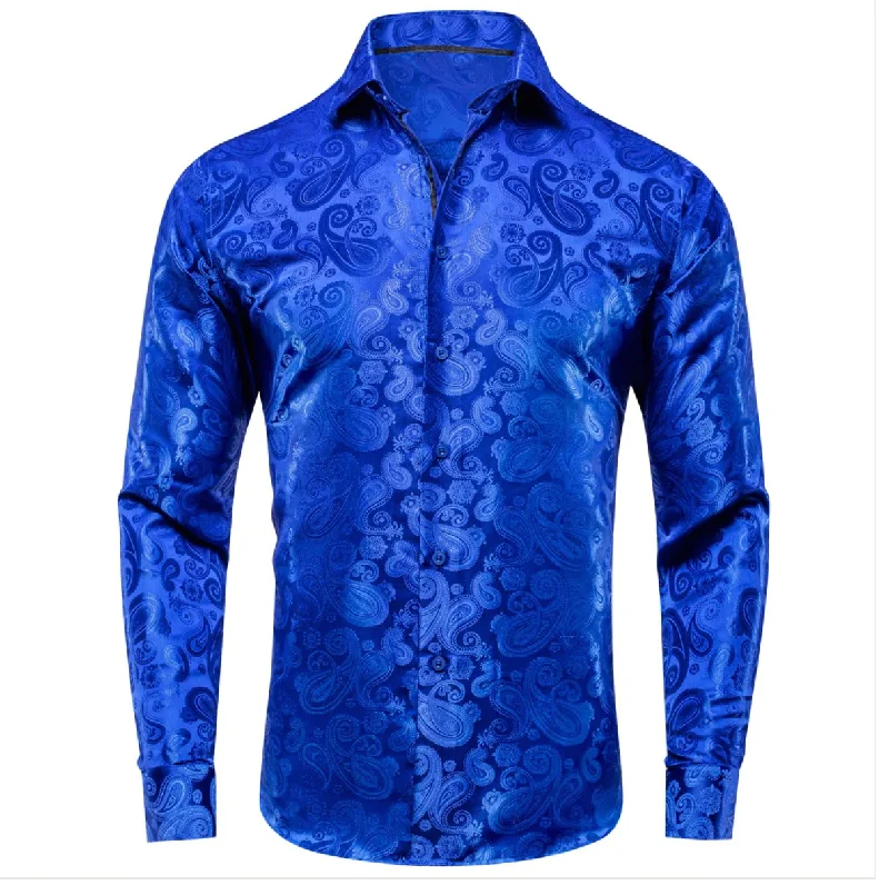 Simon Von Royal Blue Paisley Silk Men's Long Sleeve Shirt -CY-1618