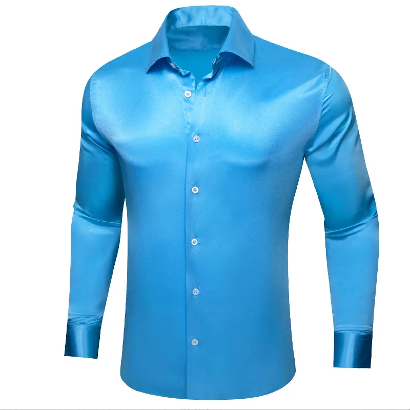 Simon.Von Sky Blue Solid Silk Men's Long Sleeve Shirt- CY=518