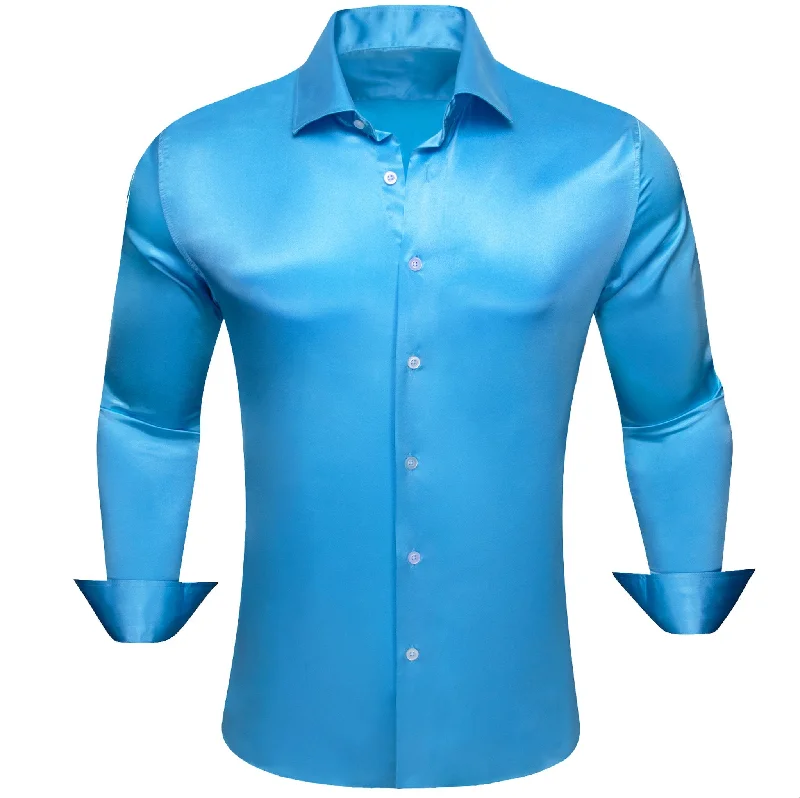 Simon.Von Sky Blue Solid Silk Men's Long Sleeve Shirt- CY=518