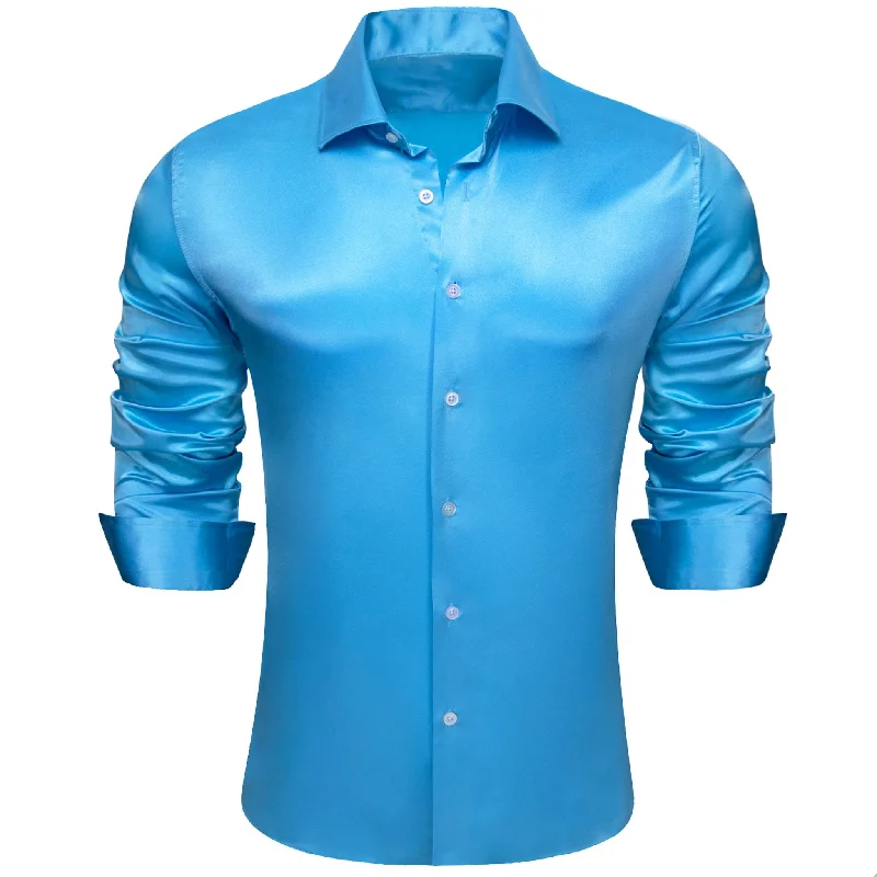 Simon.Von Sky Blue Solid Silk Men's Long Sleeve Shirt- CY=518