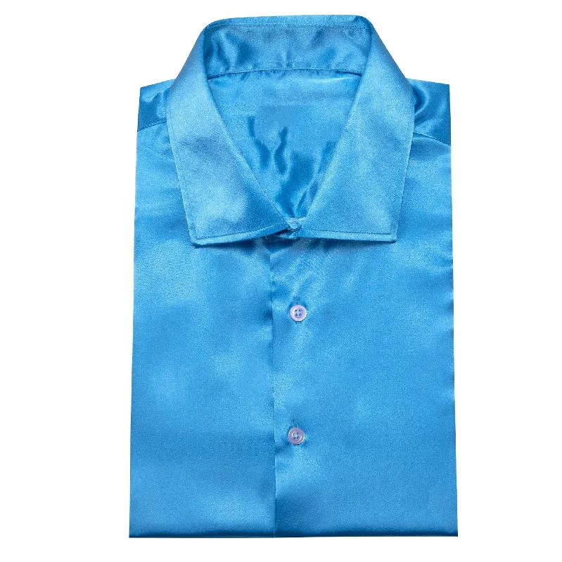 Simon.Von Sky Blue Solid Silk Men's Long Sleeve Shirt- CY=518