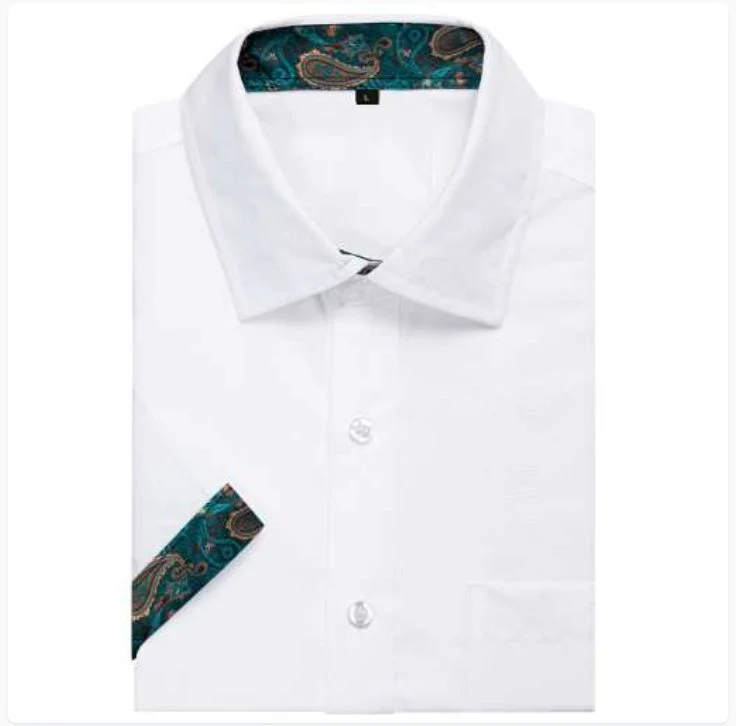 Simon Von White Green Paisley Panel Men's  Slim Short Sleeve Shirt- CY-2400