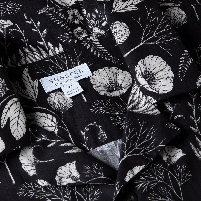 Sunspel Leaf Print Camp Collar Shirt Black